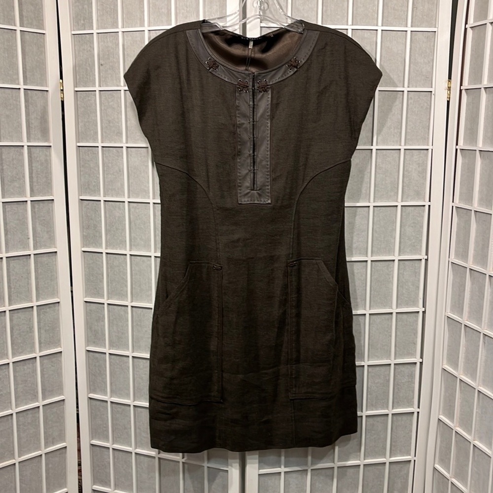 Elie Tahari Saxby Leather Trim Brown Linen Dress